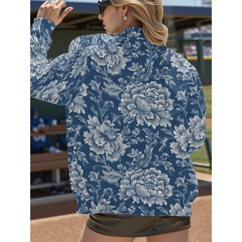 Ibisco da donna ​   Giacca da baseball con stampa Capispalla leggero e ampio con tasche Abbigliamento casual quotidiano in stile streetwear dolce