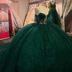 Customized Emerald Green Women Prom Occasion Dress Dance Off Shoulder Illusion Lace Applique Sweet 15 16 Quinceanera Party New