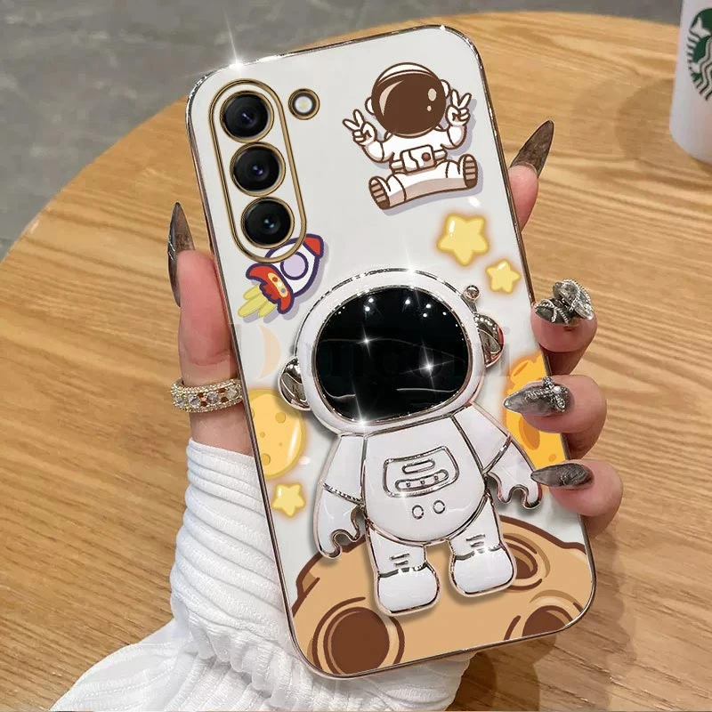 Cheering astronauts Plating Phone Holder Case For Samsung Galaxy S23 S23Plus S23FE S10 S21 S9 S22 Plus S23 Ultra S20 S20FE Cover
