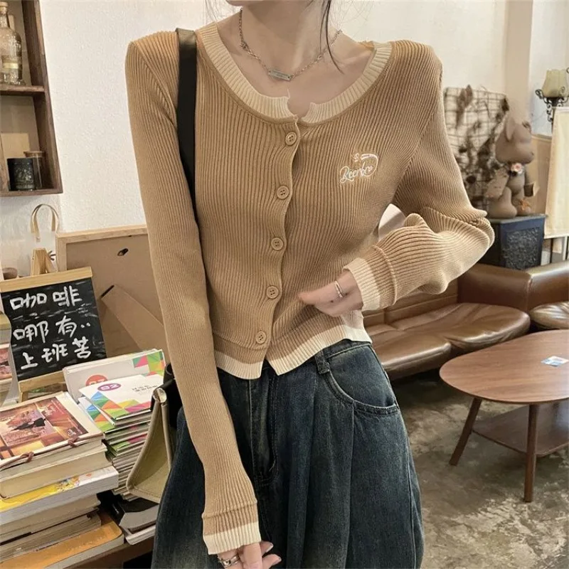 Women Autumn Fashion patchwork Slim Solid color square collar Long sleeve Knitwear Ladies trend All-match knitting Cardigan tops