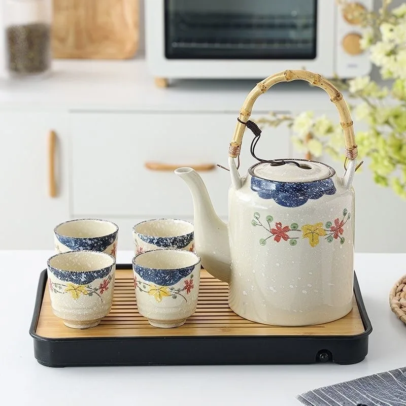 Japanese Creative Tricolor Ceramic Kettle Retro Large Capacity Decorative Teapot Porcelain Teacup Hand-drawn Drinking Utensils