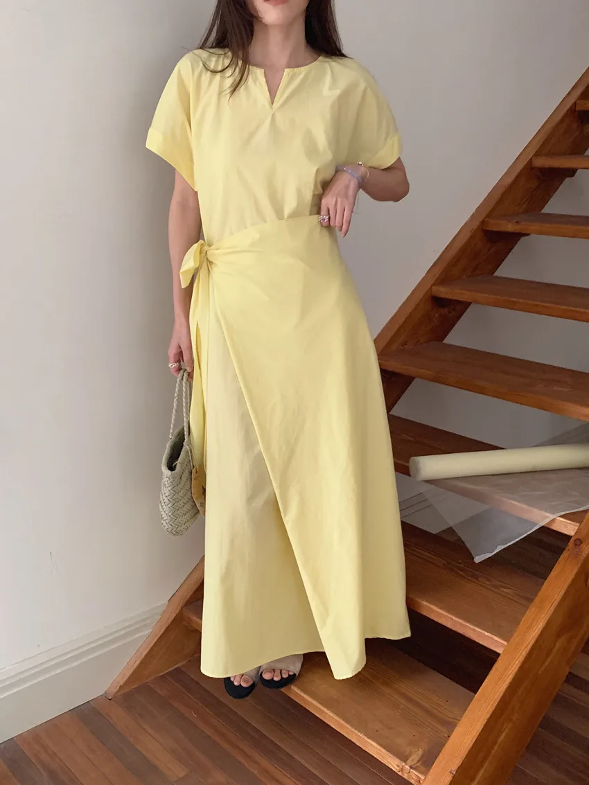 

3Colors Women Stylish Short Sleeve Dress Wrap Design Fake Two Piece Summer 2025 A Line Midi Dresses Vestido Female(T2519