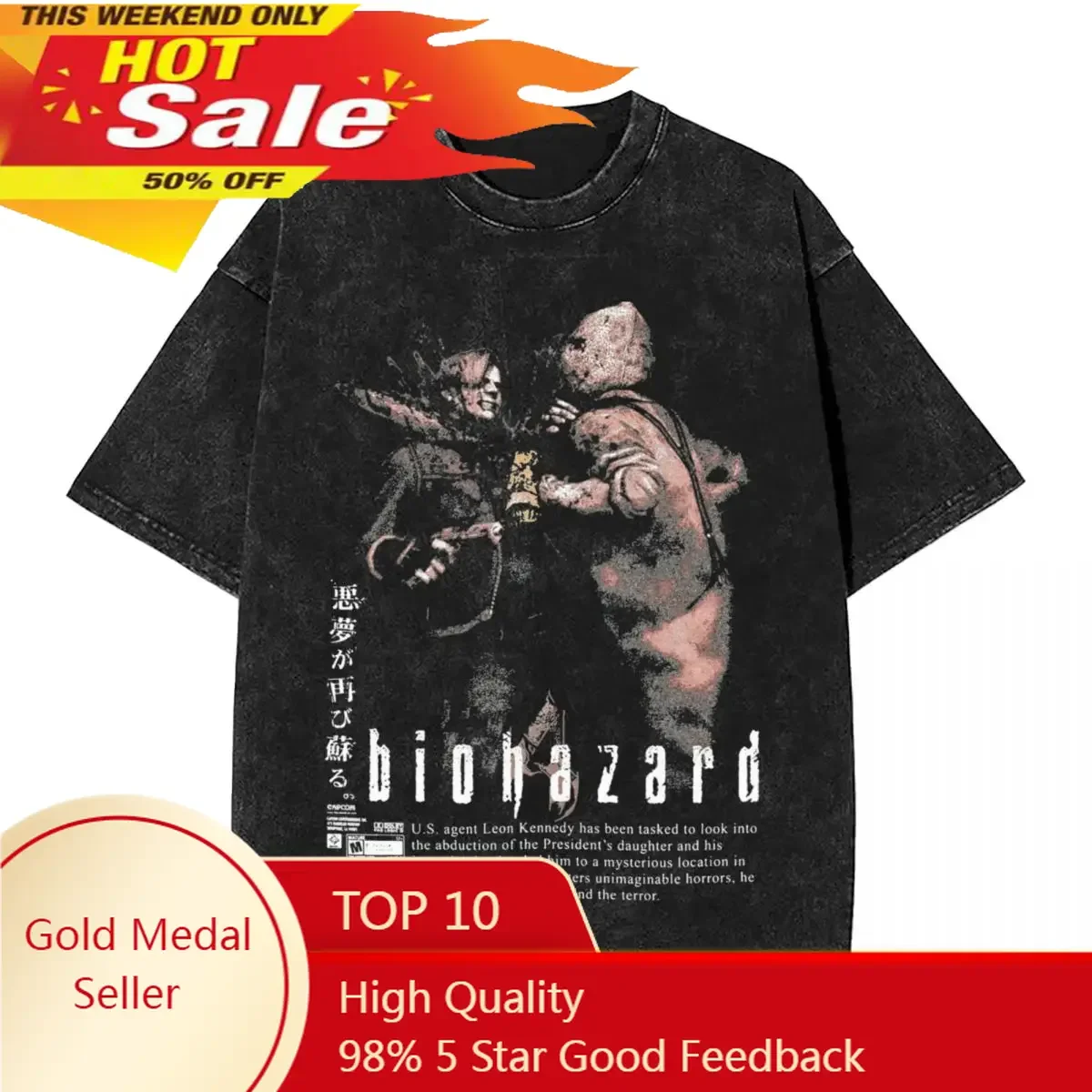 

Residents Evils 4 RE4 The Chainsaw Washed T Shirt Men Vintage Cotton T-Shirts Summer O Neck Hipster Tees Printed Oversized Tops