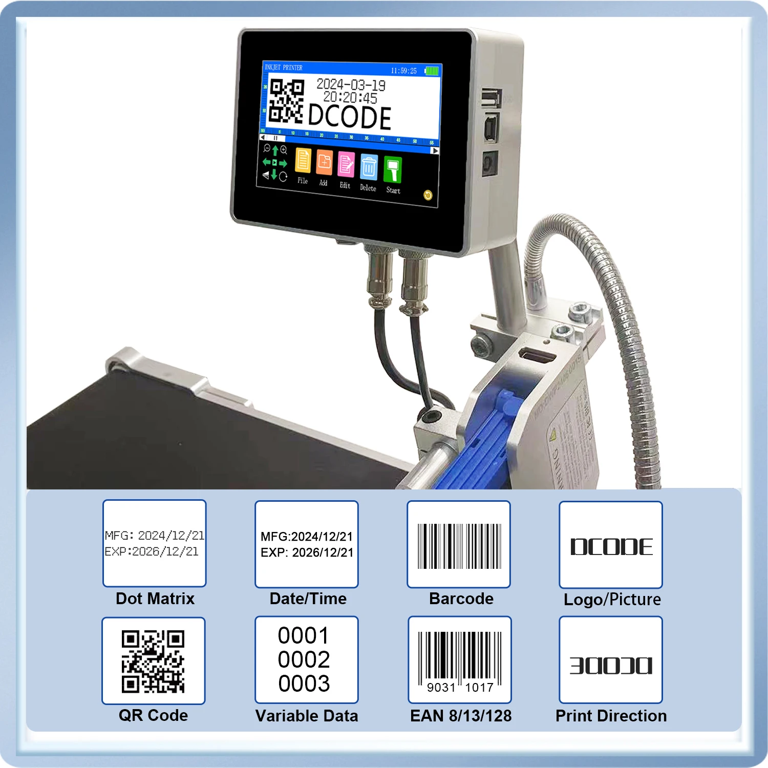 Imagem -02 - Dcode-industrial Online Inkjet Printer qr Barcode Date Printer Lote Número Logotipo Data 130plus 12.7 mm 25.4 mm Nozzle 4.3 Screen