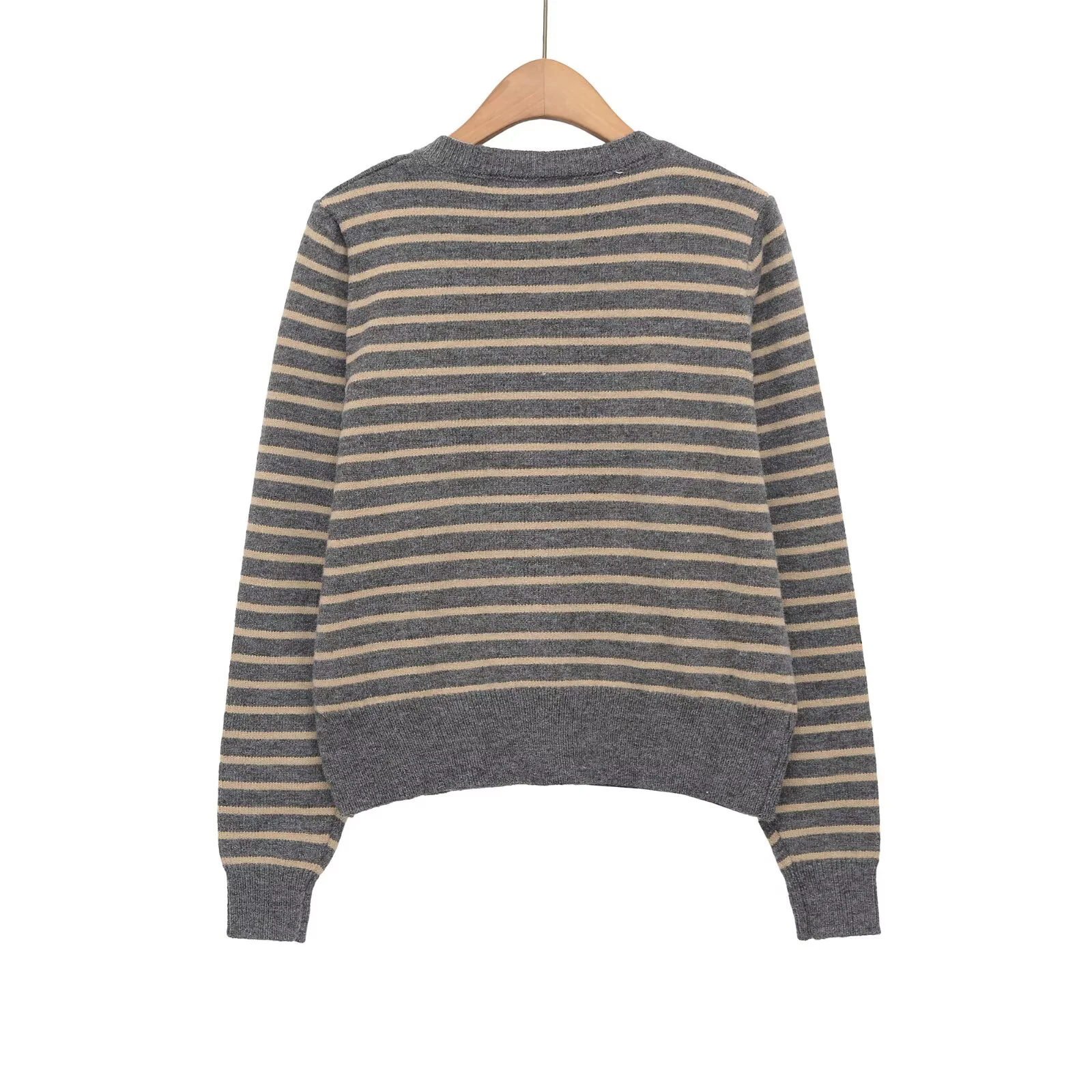 秋の新作レディース服 フレンチ風ゆったりシングルブレスト丸首長袖ストライプニットジャケット