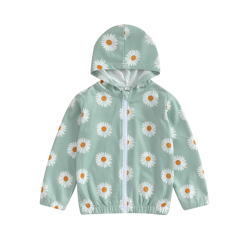 Toddler Girl Hoodies Classic Long Sleeve Daisy Print Zip Up Hooded Sweatshirt Kid Fall Tops