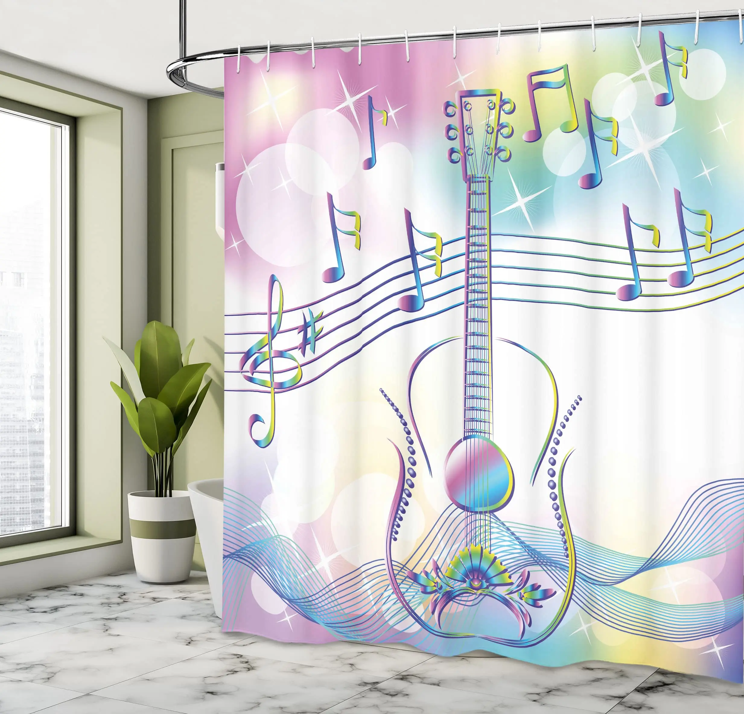 Guitar Printed Shower Curtain Painted Planks Country Design Bathroom Waterproof Fabric Bathtub Screen Decoration with Hooks