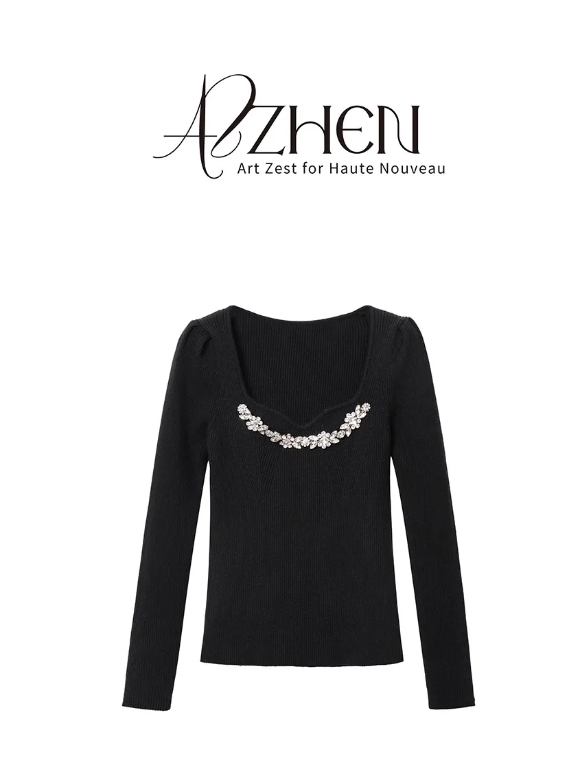 

AZZHEN Starry Night Элитный свитер с квадратным воротником, богато украшенный стразами, с объемными рукавами-фонариками, женская модная базовая модель