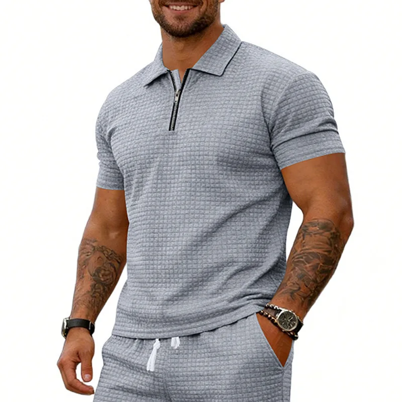 Summer Men's Small Checkered Casual Loose Simple Zipper Polo Shirt Short Sleeve