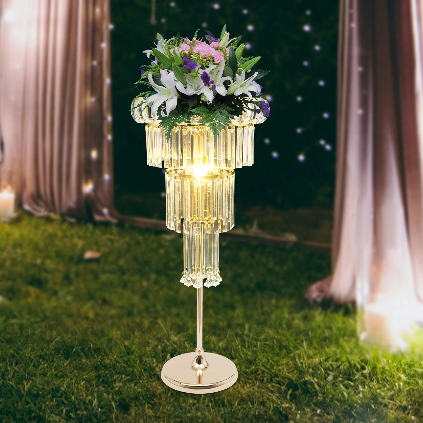 Suporte de flores de casamento acrílico de 4 camadas com luzes LED galvanizadas em ouro com capacidade de carga de 5 kg para decoração de casamento