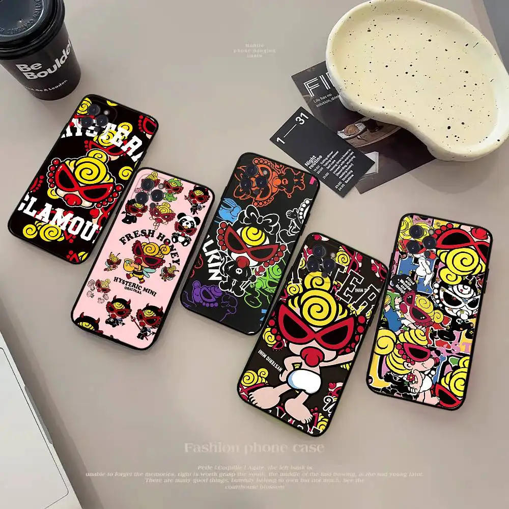 Japanische Mode Hysteric Mini Handyhülle für iPhone 16 Pro Max 15 17 Plus 14 13 12 Mini 11 Schwarze Abdeckung
