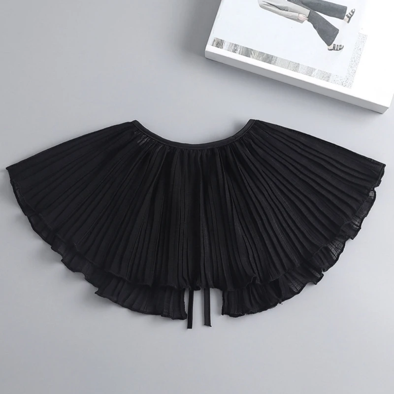 Women Girls Collar Pleats Designed Shirt Dress Ornamental Shawl Black