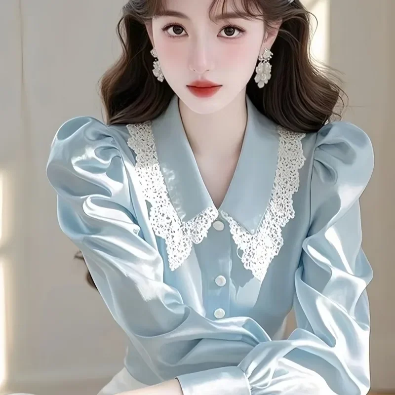 Satin Women's Blouses Lace Patchwork Korean Shirts FASHION Loose Spring/Summer Casual Clothing Solid Long Sleeve Women Tops