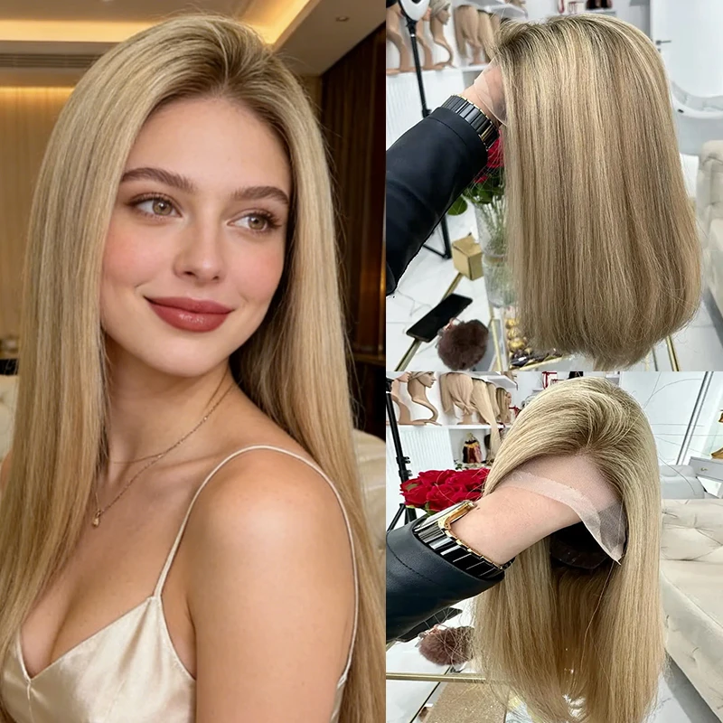 

Синтетический парик 13x4 Ombre с золотисто-коричневым оттенком, HD-кружево спереди, короткий прямой парик-боб с натуральной линией роста волос, предварительно выщипанный