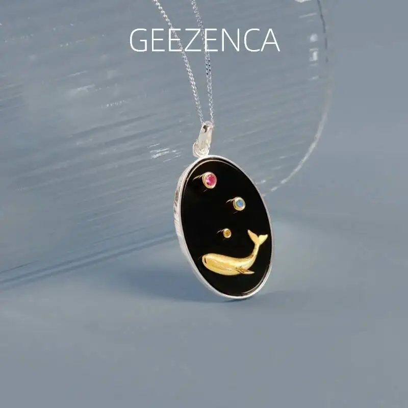 

GEEZENCA 925 Silver Two Tone Black Agate Whale Oval Pendant Women Cute Fish Zircon Necklace Pendants Without Chain 2024 New Gift