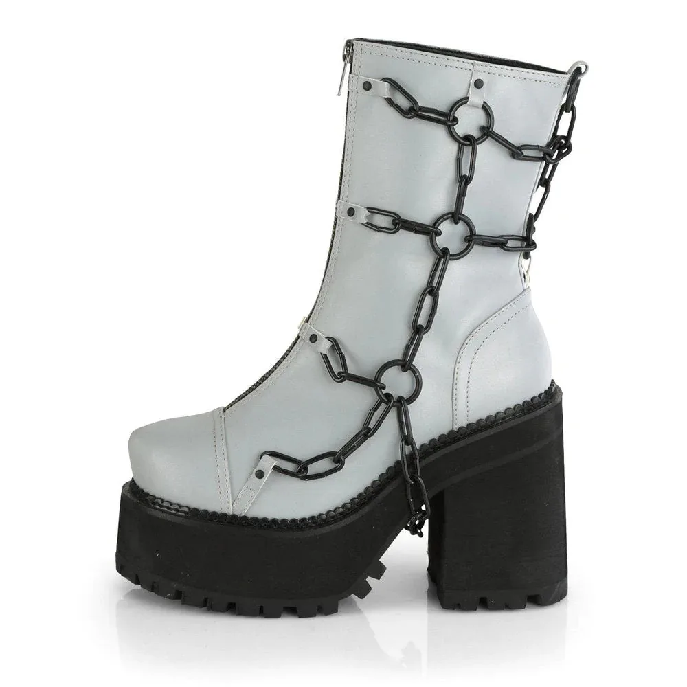 Women Gothic Round Toe Side Zip Platform Boots Punk Black Chain Strap Decor Grey Mid Calf Boots