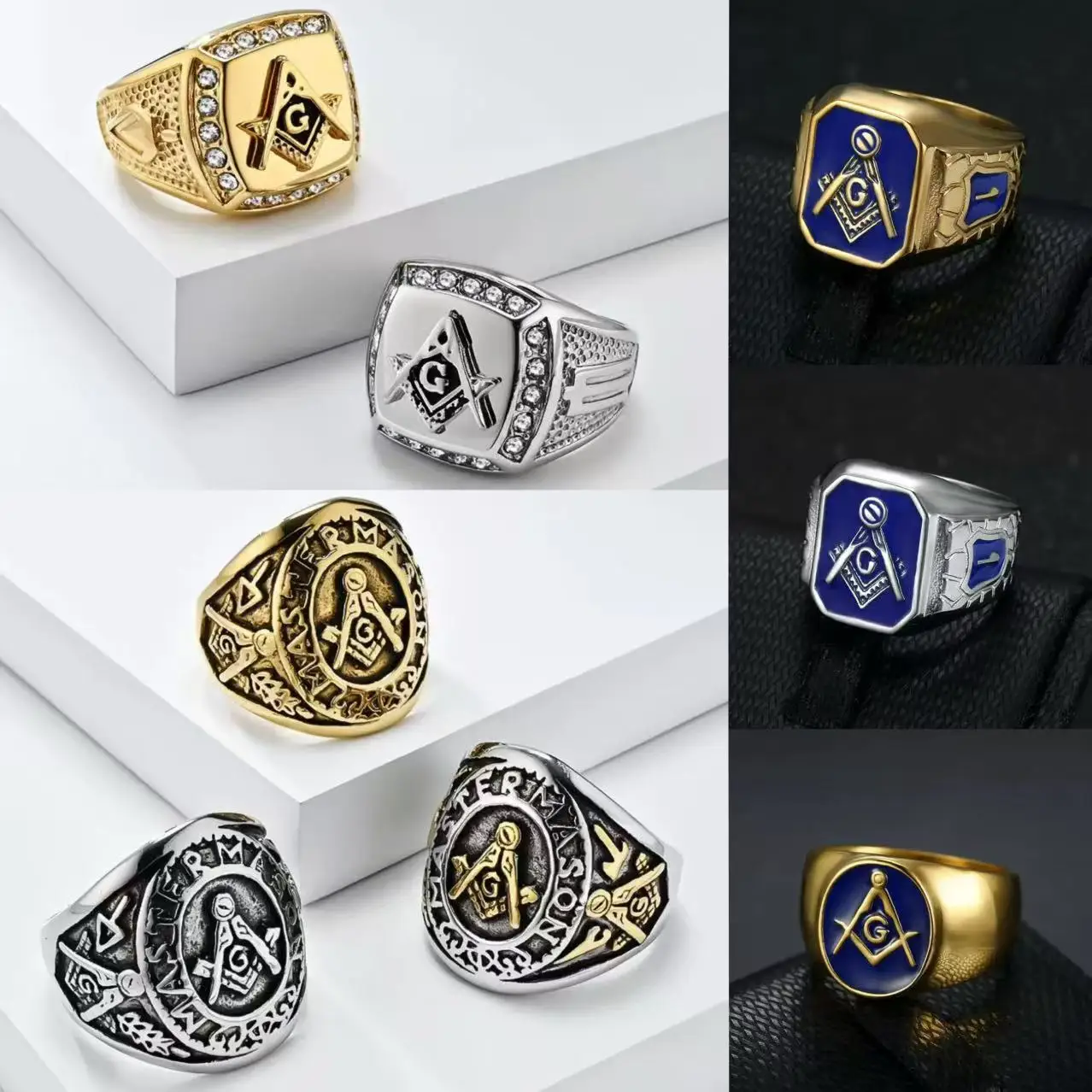 Retro Masonic Freemasonry Rings for Men Golden Silver Color Inlay Zircon Titanium Steel Luxury Punk Jewelry Member Logo Gifts