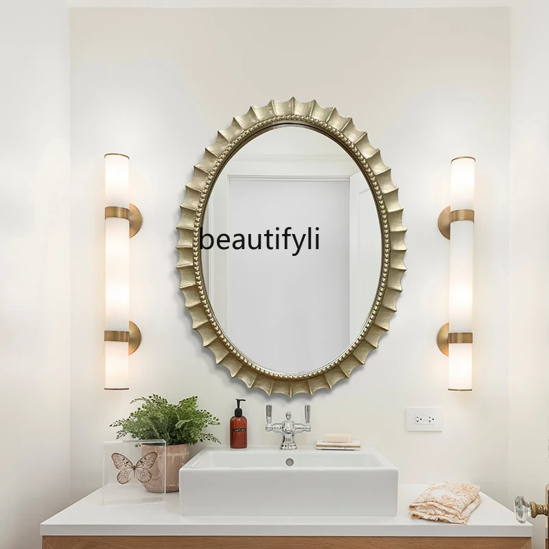 

Medieval upper wall oval makeup mirror wall hanging Chinese bathroom toilet face washing table dressing mirror