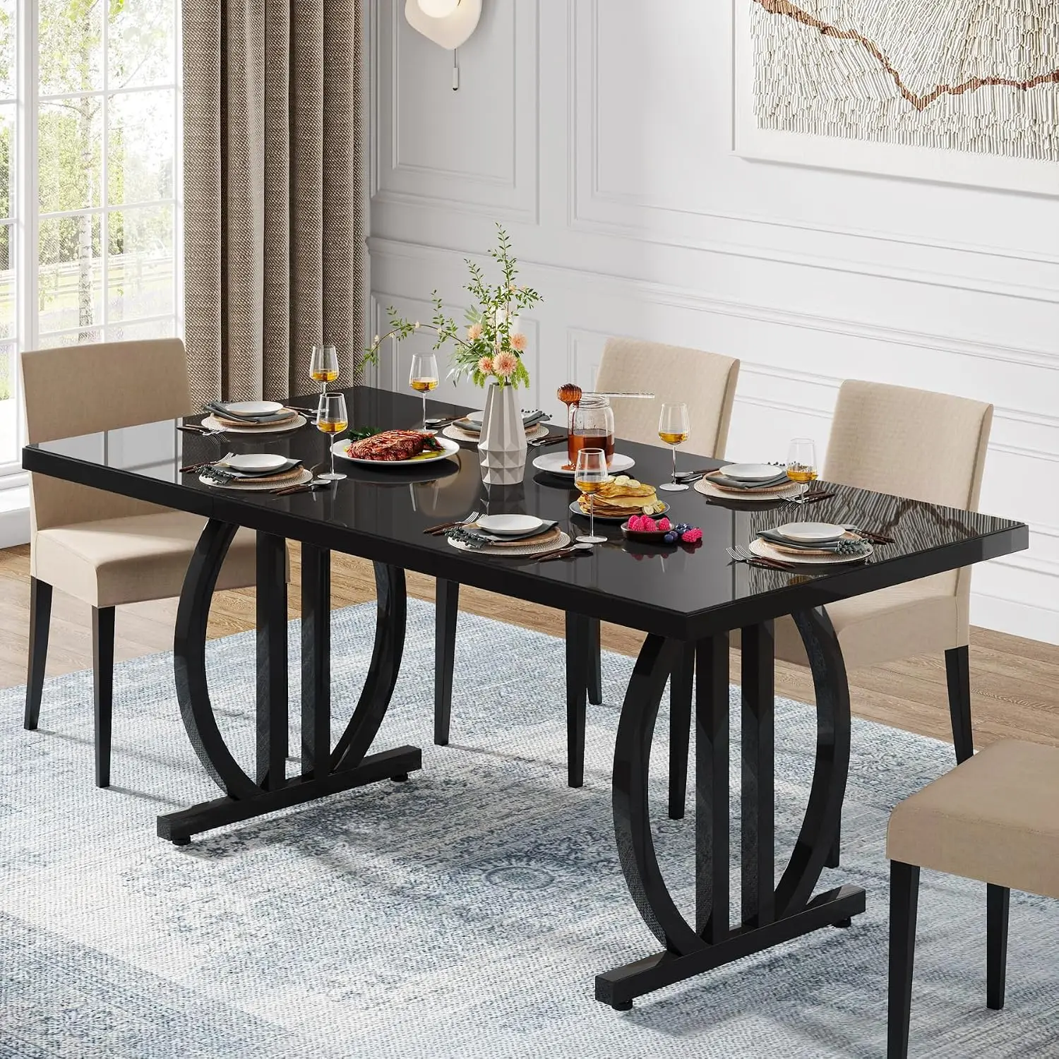 63-Inch Rectangle Dining Table for 6 with Metal Frame, Black Kitchen Dinner Table for Home & Dining Room, Customized