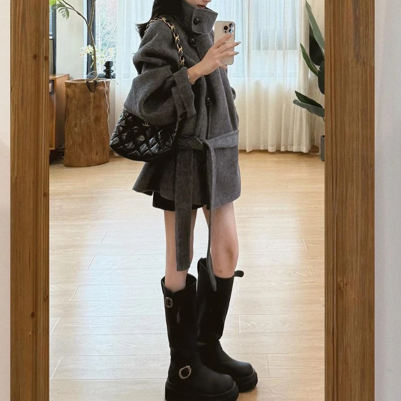 

Premium Gray Woolen Coat 2025 Autumn and Winter Atmosphere Small Coat