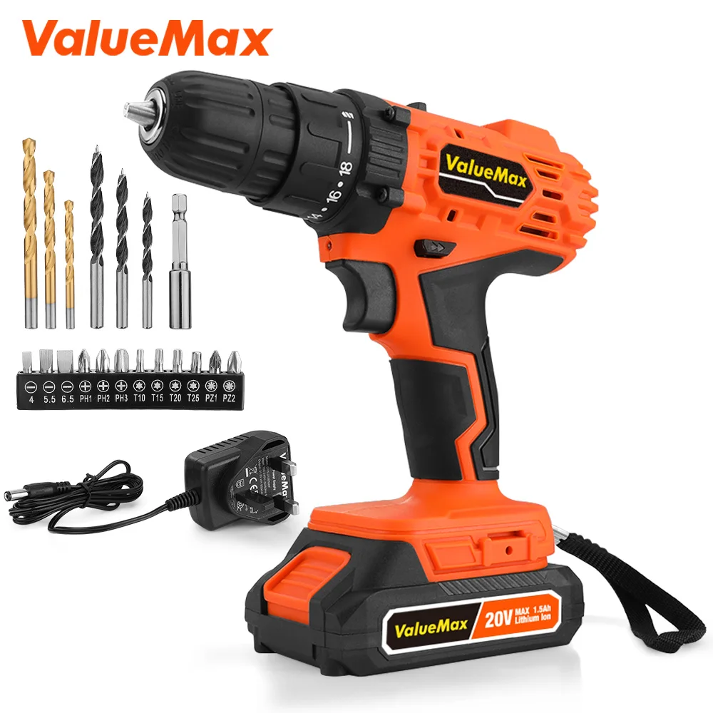 VALUEMAX-Cordless Electric Drill Driver Set, Screwdriver with Makita Interface, 18 Gears Power Tool, 20Pcs Accessories