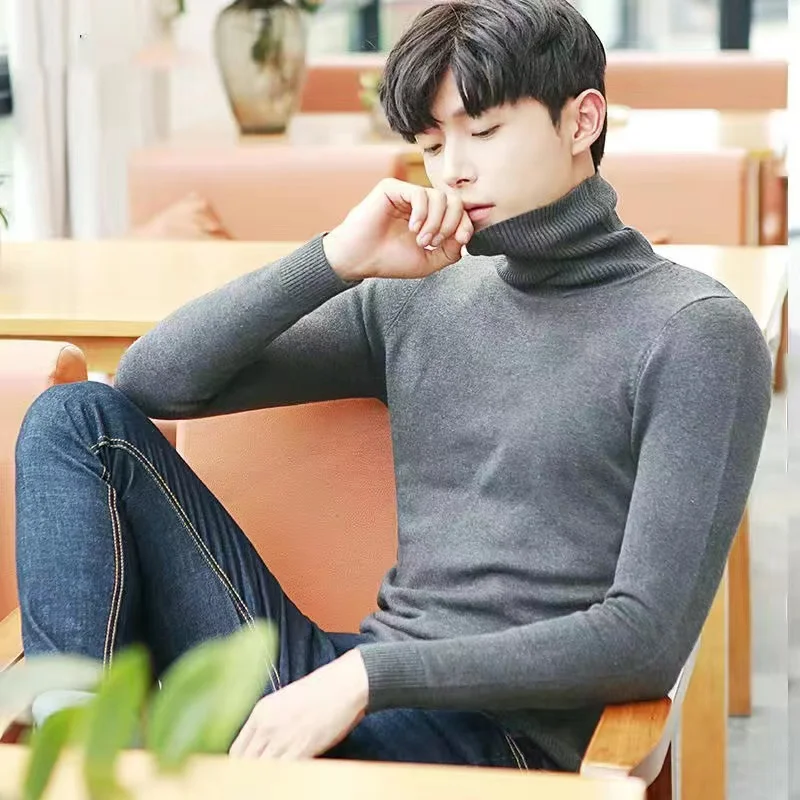 Men's High Collar Knitted Sweater Pure Color Slim Fit Overhead Top Inner Wear Korean Sle Autumn Winter Warm Casual Faion