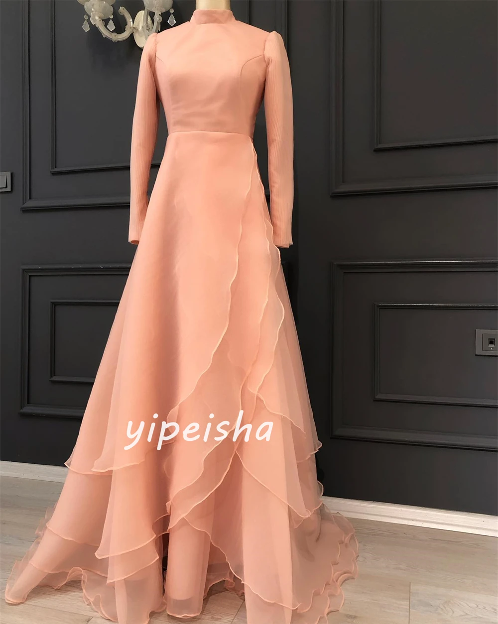 Customized Chiffon Tiered Ruched Valentine's Day A-line High Collar Bespoke Occasion Gown Long Dresses