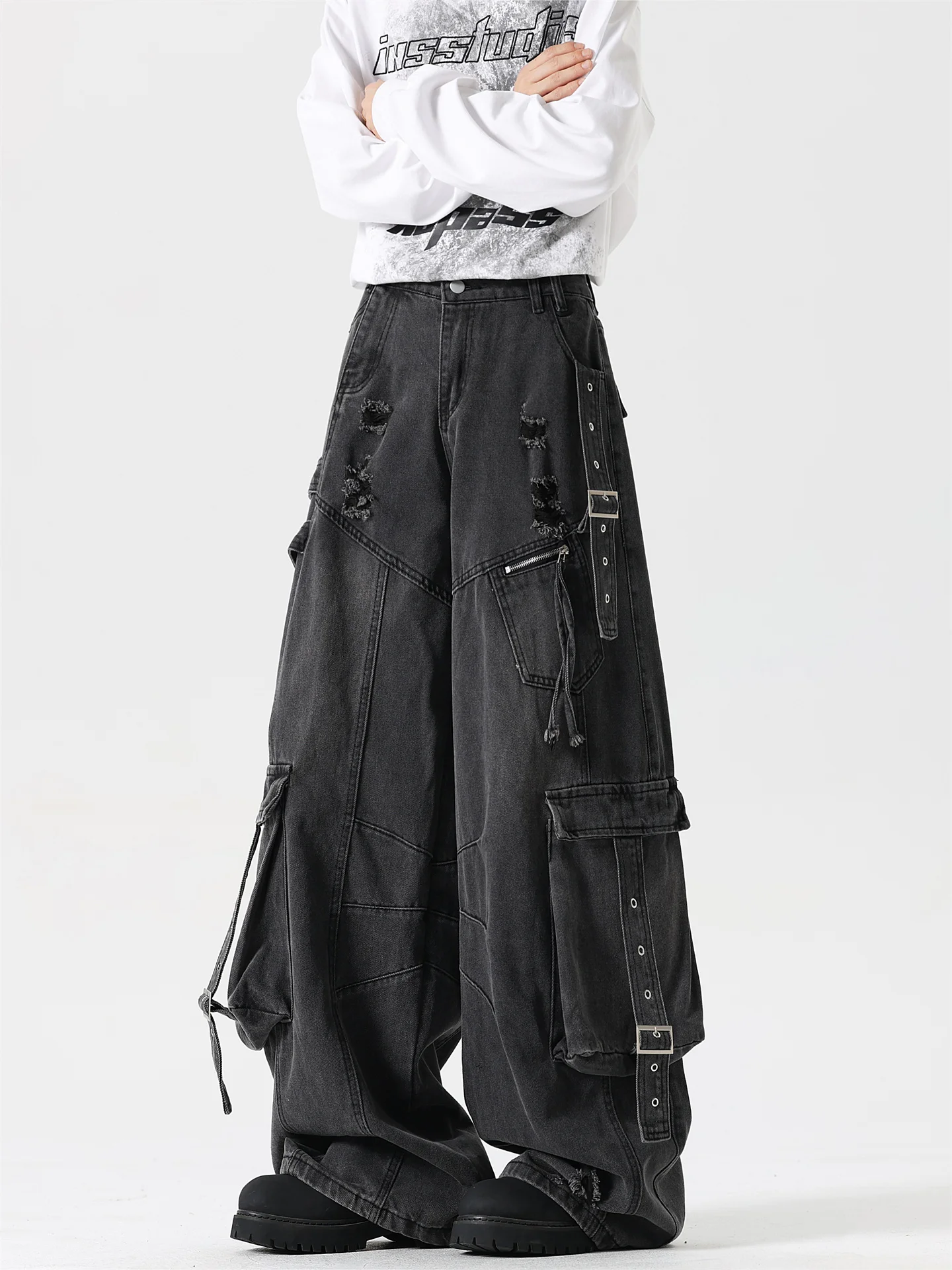 

American Style Heavyweight Deconstructed Sash Workwear Denim Pants Men's Women's Autumn Trendy High Street Multi Pocket Tear ...