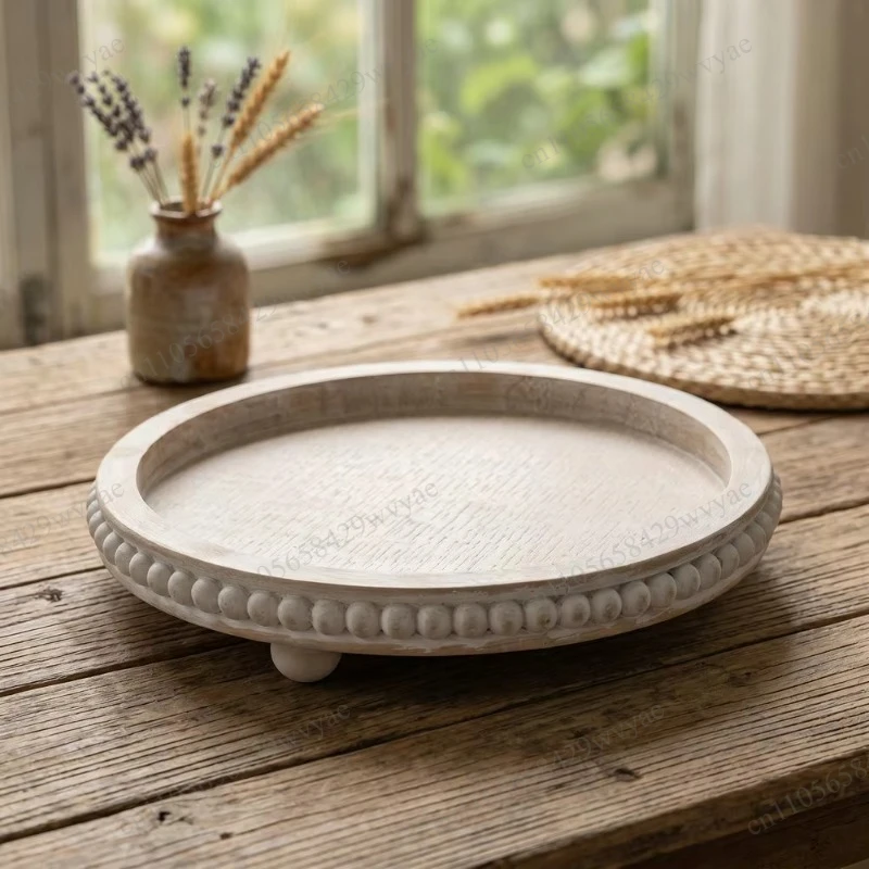 French Vintage Wooden Bead Tray, Rustic Round Tea Tray, Storage Display Platter for Home and Cafe Decor