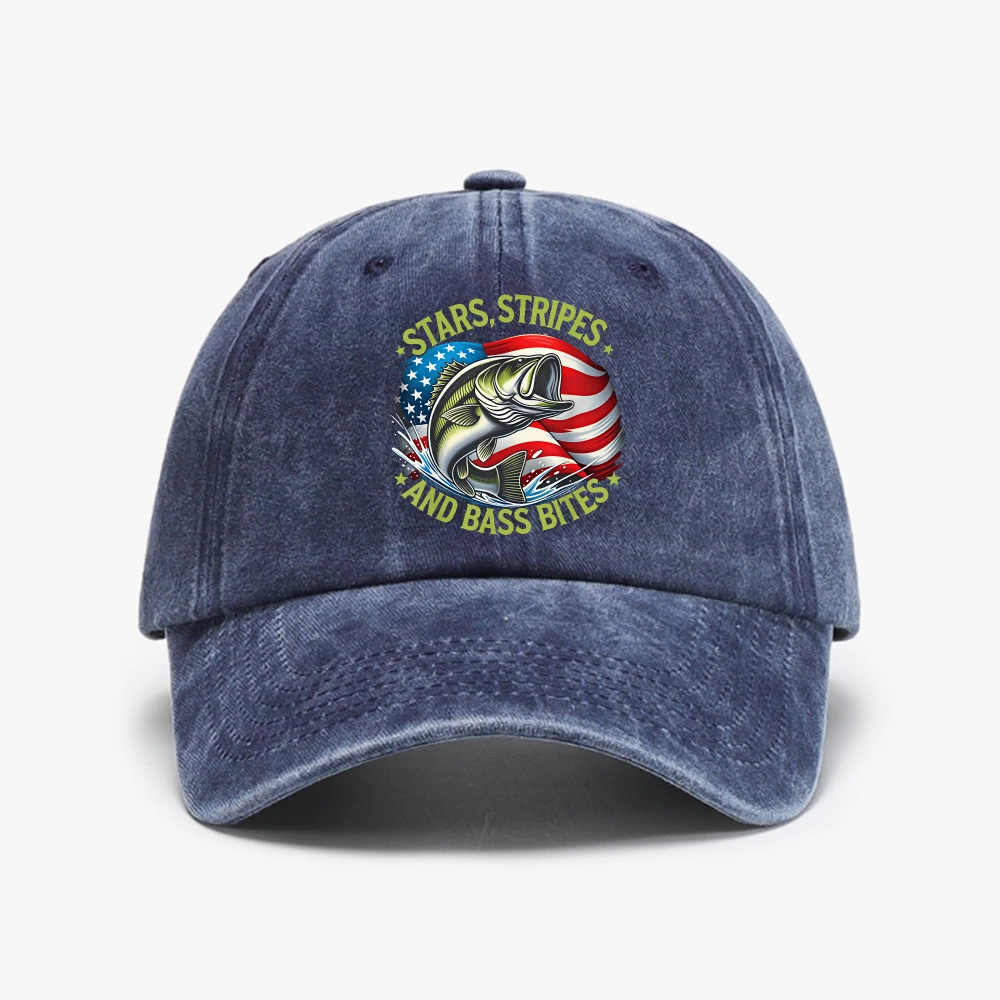 American Flag Bass Fishing Stars Stripes And Bass Bites Washed Baseball Cap Fashion Summer Visors hat