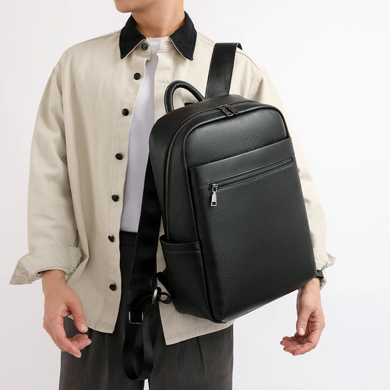 

High Quality Minimalism Men's Black Backpack Bag Genuine Leather Double Shoulder Bag Cow Leather Man Backpack for Business