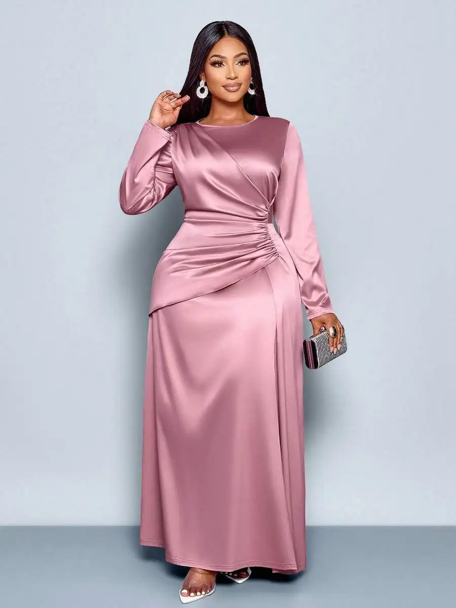 

Elegant Solid Satin Ruched Side Maxi Dress with Long Sleeves