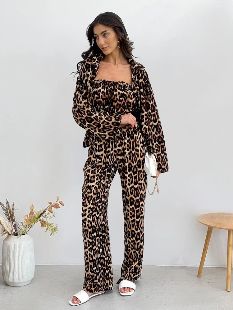 HiLoc Autumn Leopard Print Trousers Pajamas Sets 3 Pieces Fashion Long Sleeve Loose Shirts Sexy Crop Tops Women Long Pants Suits