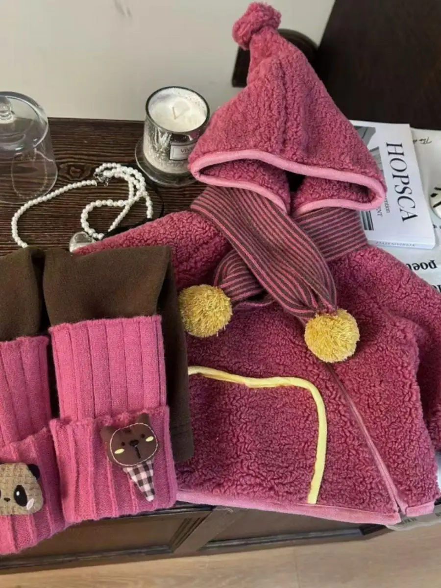 

Комплект из зимнего пальто и брюк для девочек в корейском стиле, с подкладкой из овечьего меха, утепленный базовый слой, модный комплект из двух предметов