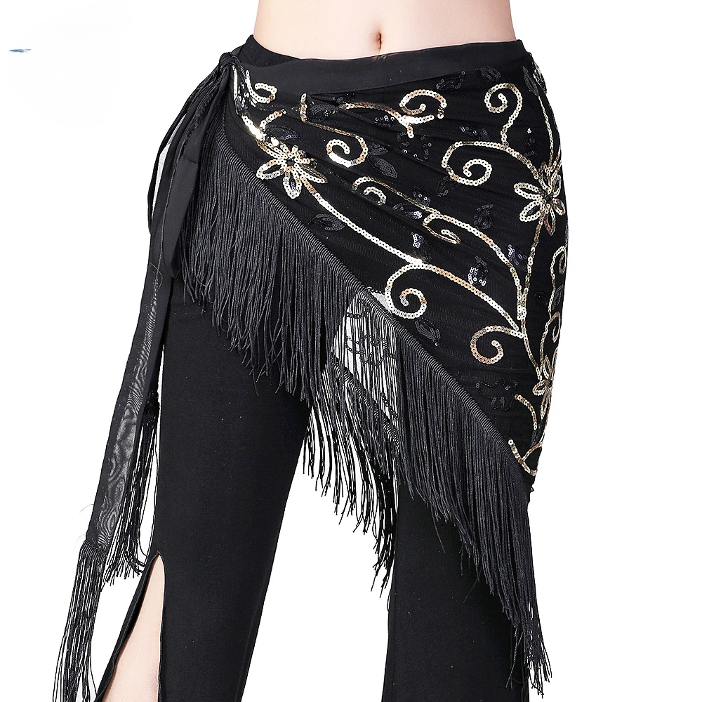 Belly Dance Latin Dance Tassel Hip Scarf Sequin Waist Chain Performance Sequin Triangle Scarf Practice Tassel Lacing Waist Scarf