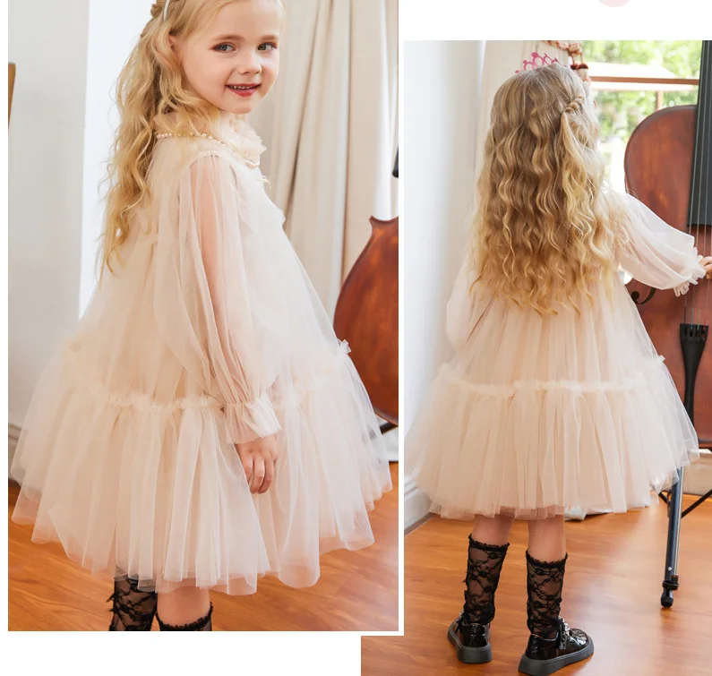 New Baby Summer Girls Boutique Fairy Mesh Long Sleeve Dress, Princess Kids Elegant Party  Dresses   1-7T