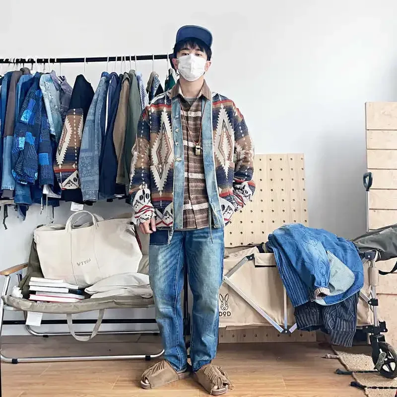 Lucky Sartorius 22A/W Japanese Retro Denim Patchwork Woolen National Air Robe Jacket for Men