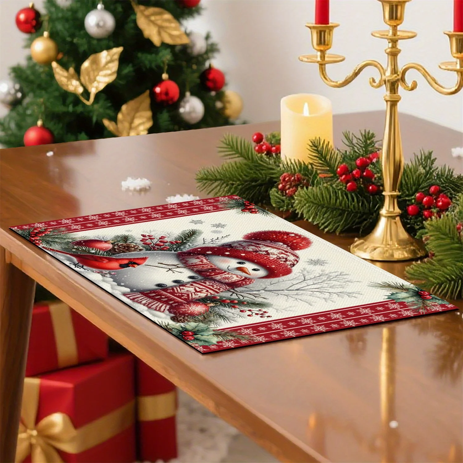 2pc .*7.7inch Polka Dot Striped Snowman Snowflake Pine Branch Pine Cone Berry Red Bird Christmas Placemats Of Suitable For Kitch