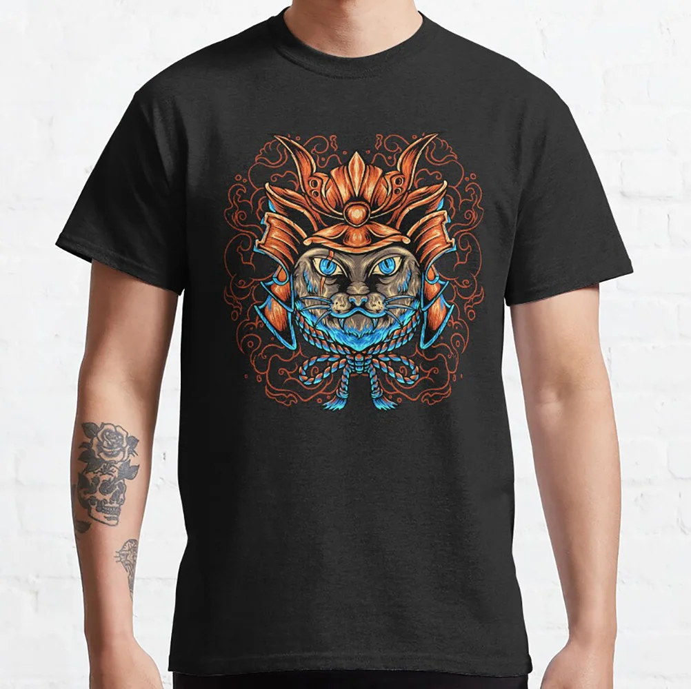 

Cat in traditional samurai armor Gift t shirt for cat lover 100% cotton tee Men's Short Sleeve Graphic Clothes All size tops