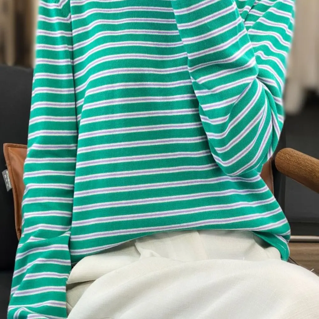 

Korean Style Women's Long Sleeve Pullover Knitted Outer Wear round Neck Horizontal Stripe Cotton Slimming Commuter Autumn New