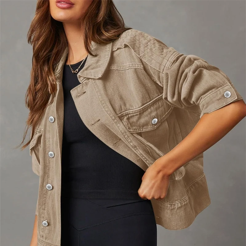 2025 الدنيم الستر المرأة ربيع الخريف قميص نمط جانكوت رداء علوي غير رسمي واحدة الصدر الأسود البني ملابس خارجية معاطف للسيدات الاتجاه