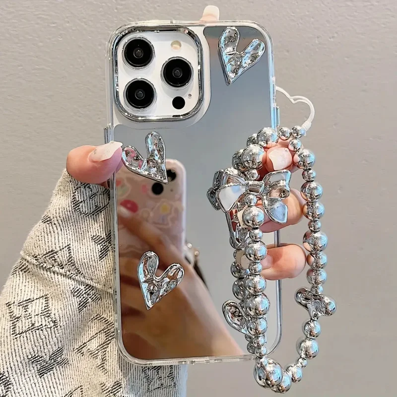 

Electroplated 3D Heart Phone Case with Wrist Strap Suitable foriPhone 16 Pro Max Suitable for girls to touch up makeup outdoors