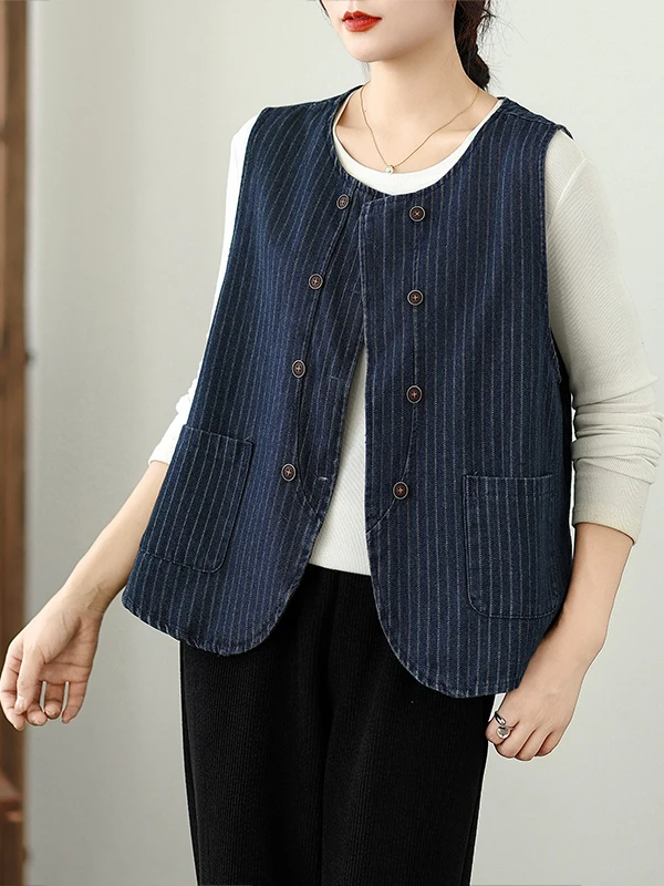 

Аутентичный полосатый джинсовый жилет в стиле ретро, женский весенне-осенний универсальный модный двойной пуговицы, круглый Ne Jaet для поездок на работу