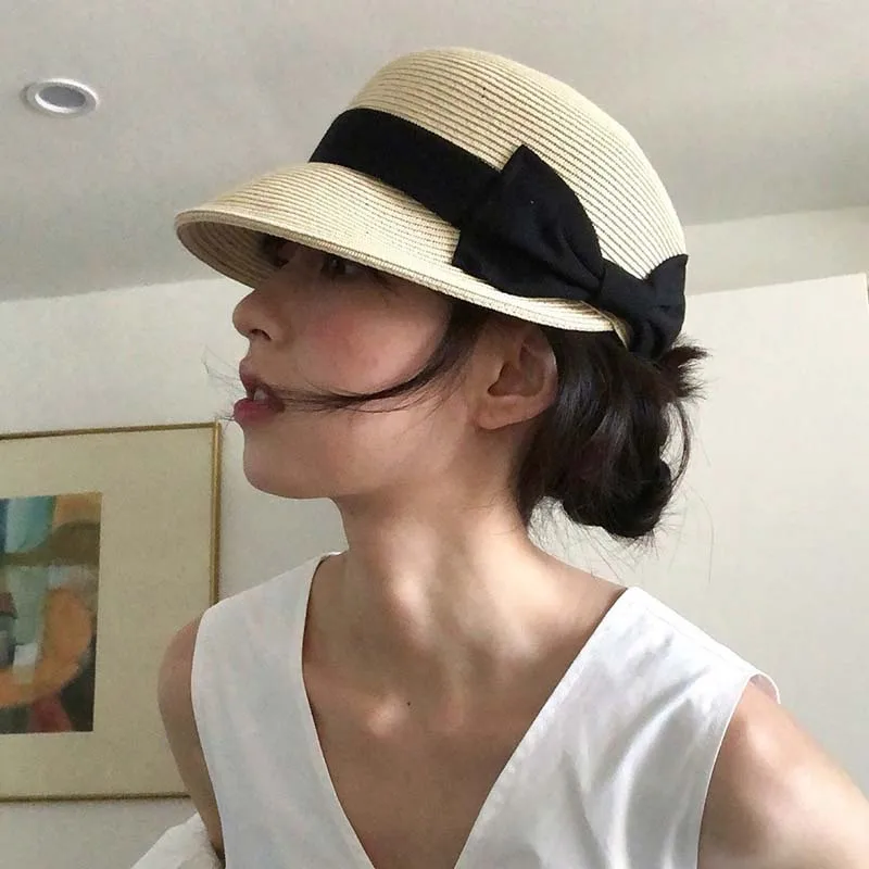 

New Arrived Summer High Quality Straw Riding Hat French Style Bow Dome Sun Hat Outdoor Beach Wide Brim Sunshade Bucket Cap