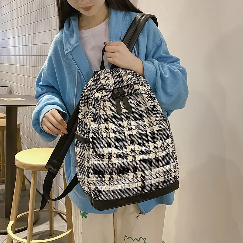 

SEETIC Fashion Plaid College School Bag Cotton And Linen Women Backpack Stripe Style Travel Bag Female Anti-Theft Backpack Women