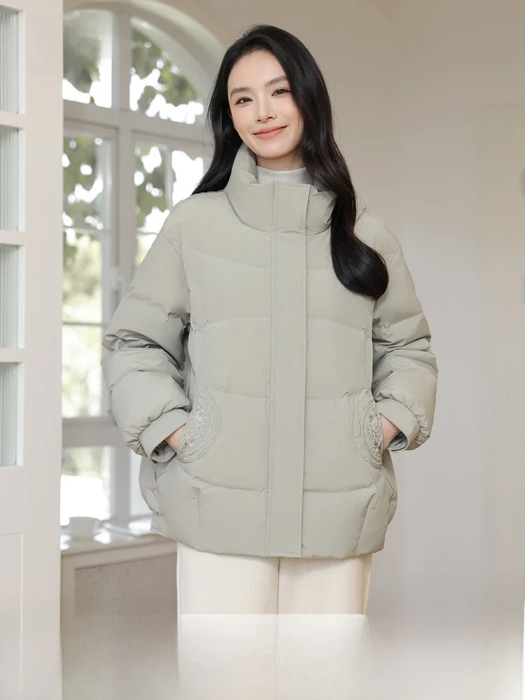 

Elegant Short Puffer Jacket Stand Collar Women's Fashionable Chinese Style Quilted Duck down Coat Sweet Style Polyester Fiber