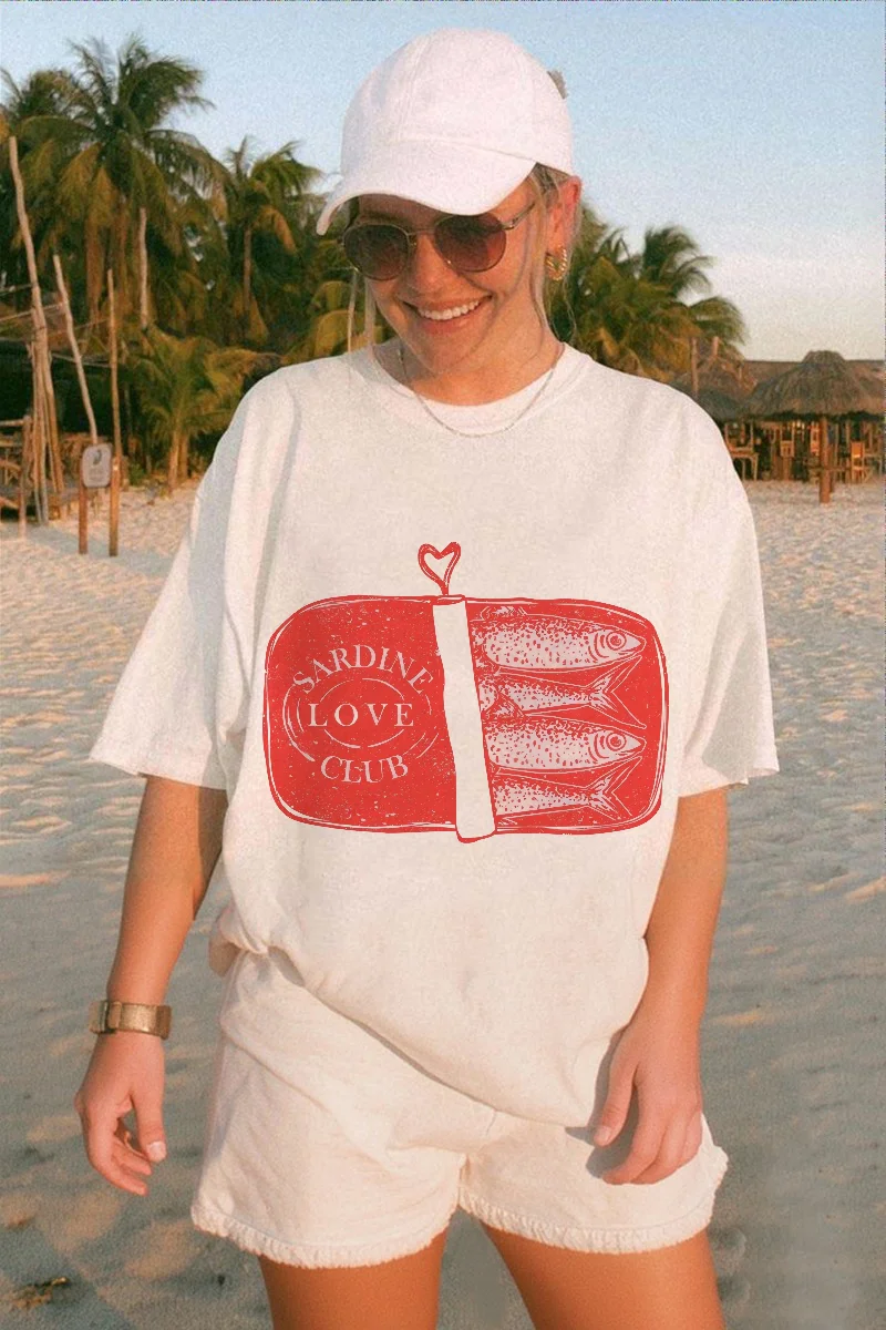 

Красная Сардина Love Club с принтом мультфильма, белая футболка, пляжный дорожный топ с круглым вырезом, женская летняя новая модная футболка с принтом