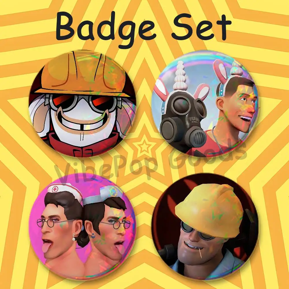 Scout Pyro Spy Sniper Team T-TF2 58mm Classic Tin Badge 2.25 Inch Holo Baji Kawaii Round Button Pin for Collectible