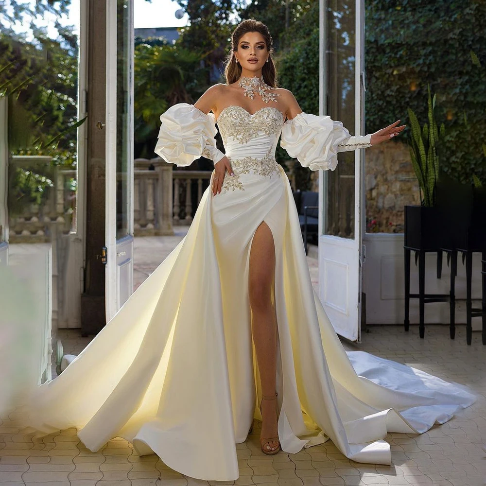 

MANRAY Satin Pleated Mermaid Wedding Dresses 2024 Removable Bubble Sleeve Decal Side High Split Princess Bridal Dresses