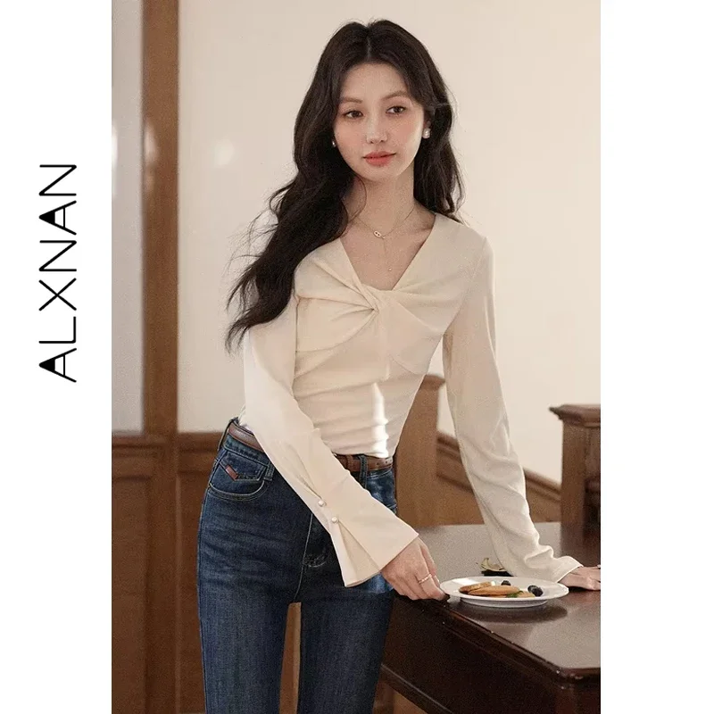 ALXNAN 플러스 사이즈 트위스트 브이넥 풀오버 2025 가을 플레어 커프스 긴팔 스웨터 캐주얼 여성 부드러운 패션 니트웨어 D12535-2